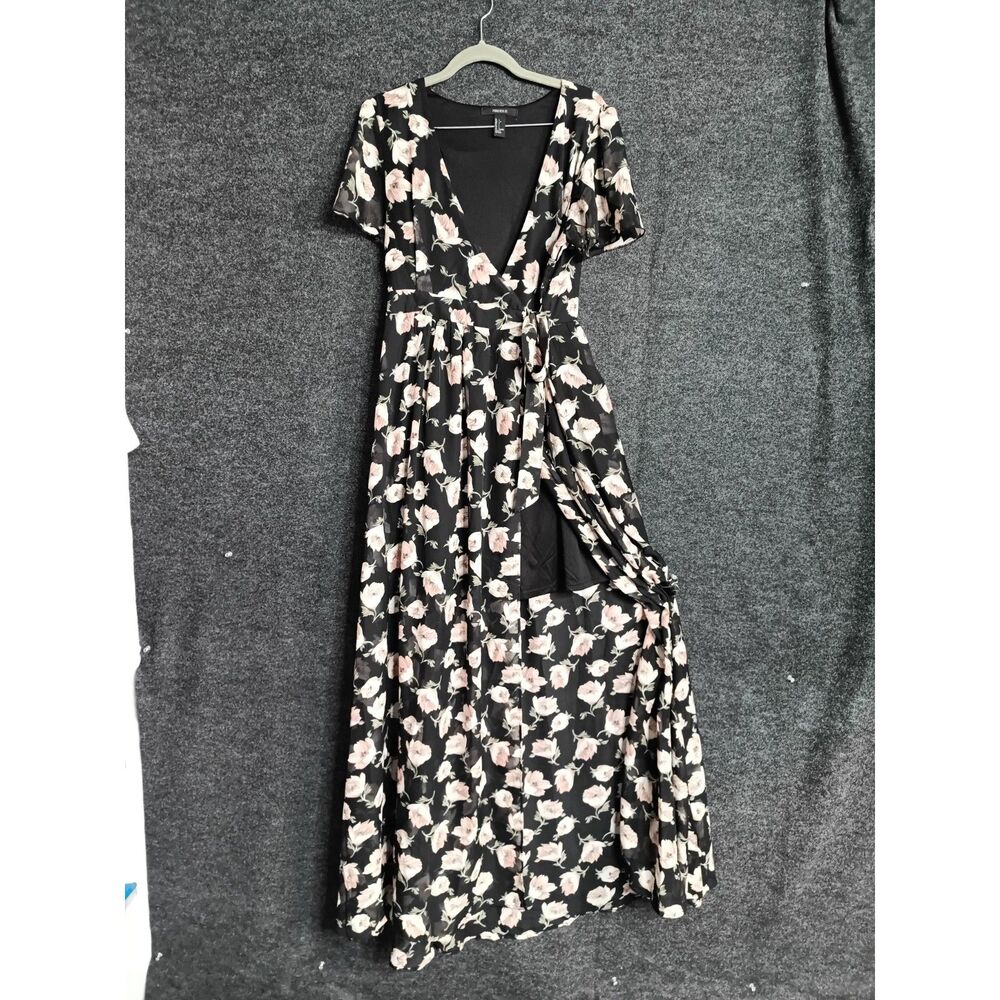 Forever 21 Black Pink Floral Wrap Maxi Dress Flutter Sleeve